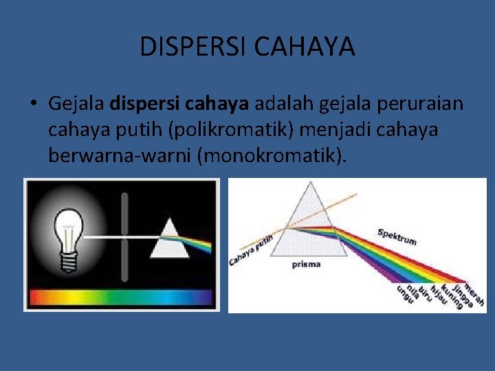 DISPERSI CAHAYA • Gejala dispersi cahaya adalah gejala peruraian cahaya putih (polikromatik) menjadi cahaya