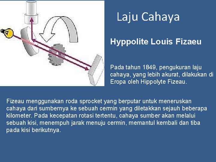 Laju Cahaya Hyppolite Louis Fizaeu Pada tahun 1849, pengukuran laju cahaya, yang lebih akurat,