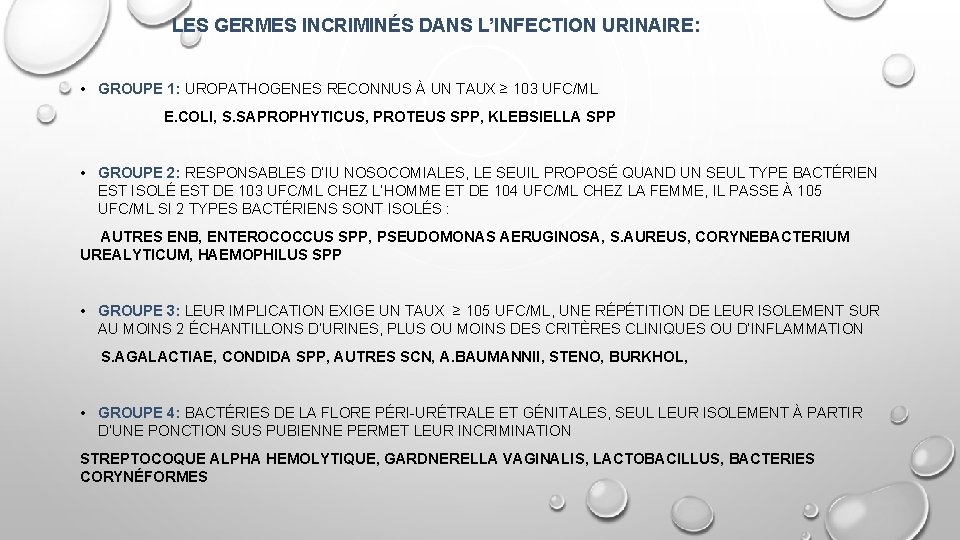 LES GERMES INCRIMINÉS DANS L’INFECTION URINAIRE: • GROUPE 1: UROPATHOGENES RECONNUS À UN TAUX