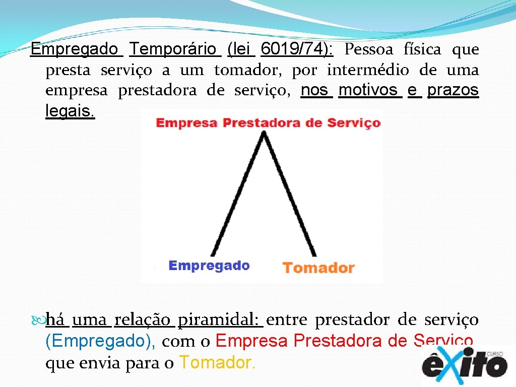 Empregado Temporário (lei 6019/74): Pessoa física que presta serviço a um tomador, por intermédio