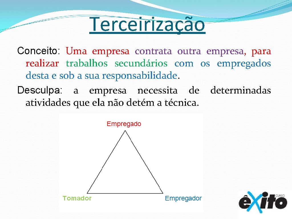 Terceirização Conceito: Uma empresa contrata outra empresa, para realizar trabalhos secundários com os empregados