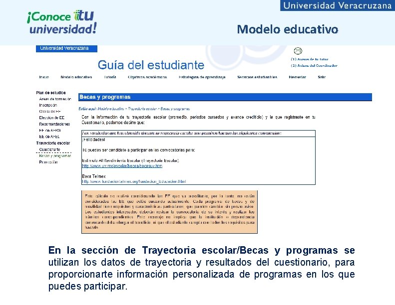 Modelo educativo En la sección de Trayectoria escolar/Becas y programas se utilizan los datos