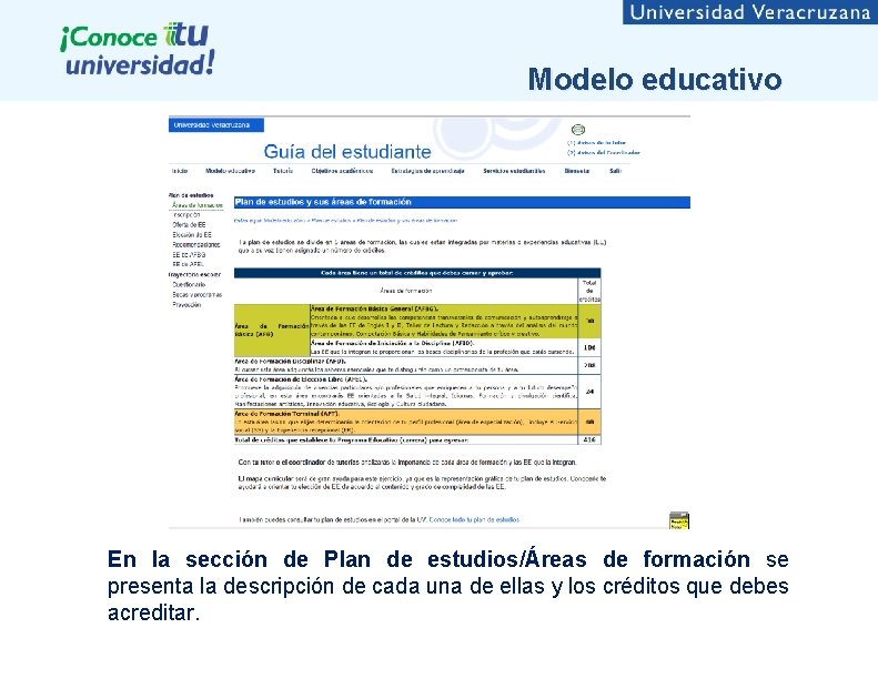 Modelo educativo En la sección de Plan de estudios/Áreas de formación se presenta la