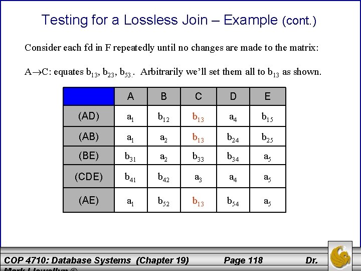 Testing for a Lossless Join – Example (cont. ) Consider each fd in F