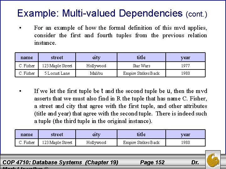 Example: Multi-valued Dependencies (cont. ) • For an example of how the formal definition