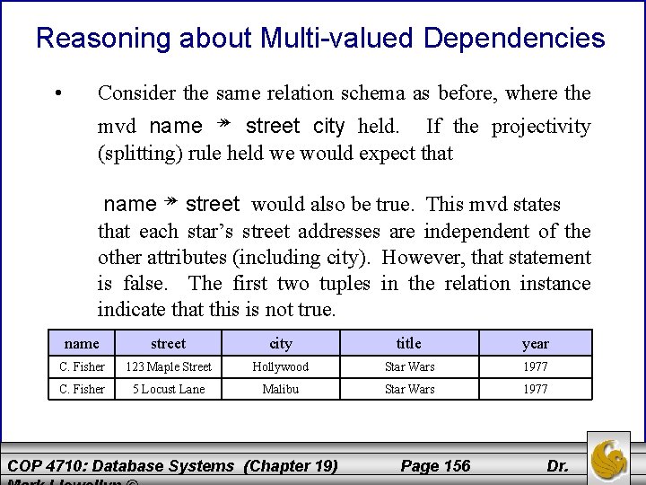 Reasoning about Multi-valued Dependencies • Consider the same relation schema as before, where the