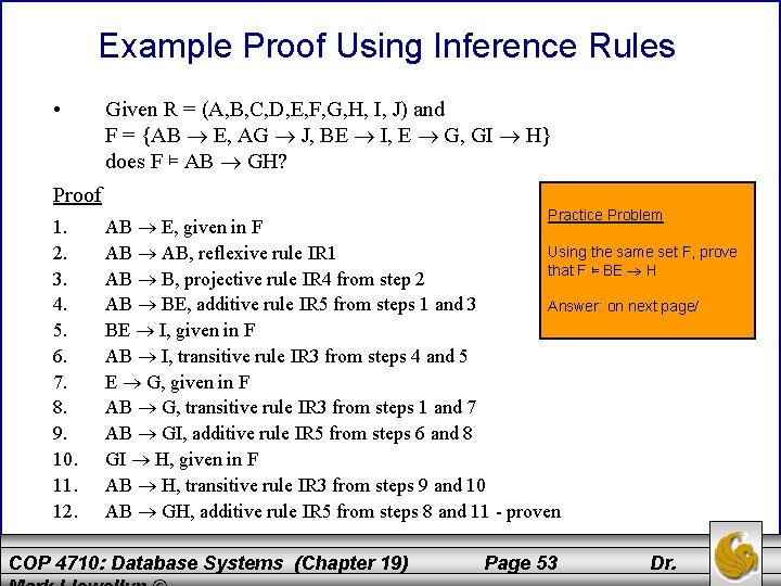 Example Proof Using Inference Rules • Given R = (A, B, C, D, E,