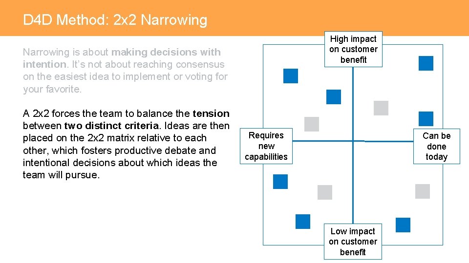 D 4 D Method: 2 x 2 Narrowing High impact on customer benefit Narrowing