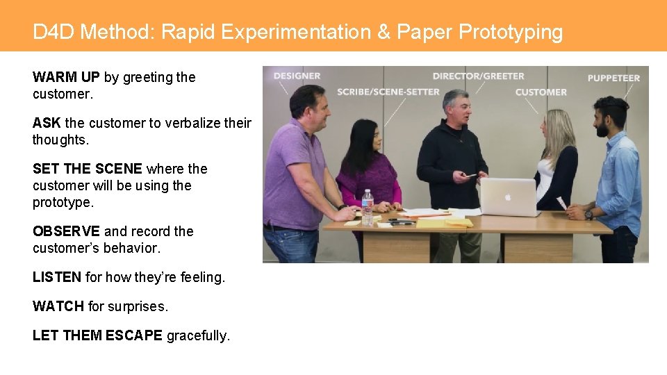 D 4 D Method: Rapid Experimentation & Paper Prototyping WARM UP by greeting the