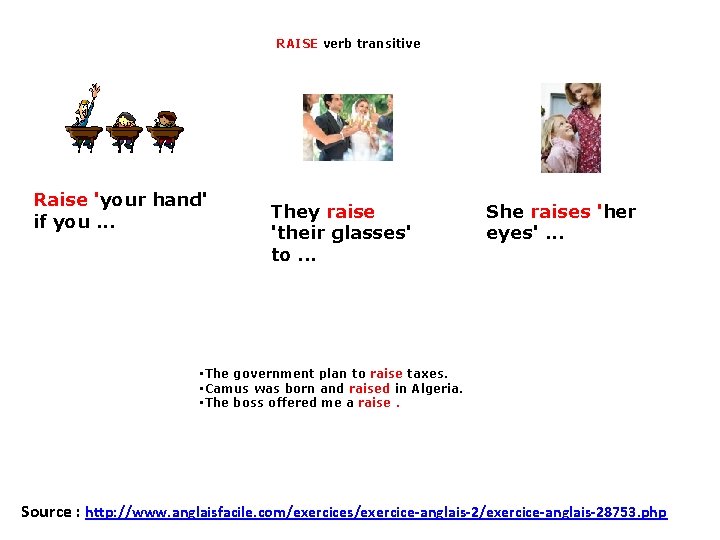 RAISE verb transitive Raise 'your hand' if you. . . They raise 'their glasses'