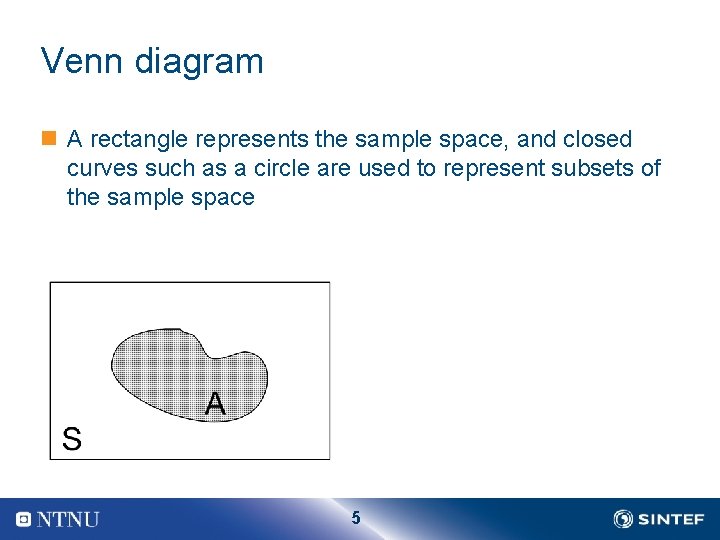 Venn diagram n A rectangle represents the sample space, and closed curves such as