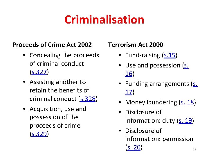 Criminalisation Proceeds of Crime Act 2002 • Concealing the proceeds of criminal conduct (s.
