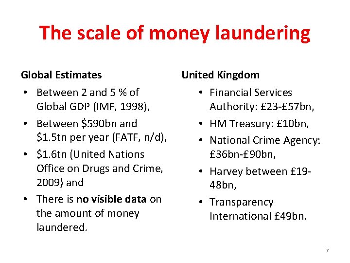 The scale of money laundering Global Estimates • Between 2 and 5 % of