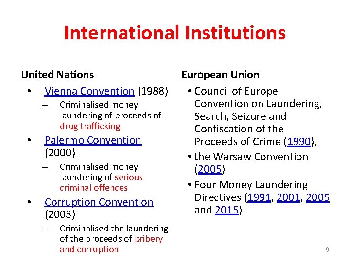 International Institutions United Nations • Vienna Convention (1988) – • Palermo Convention (2000) –