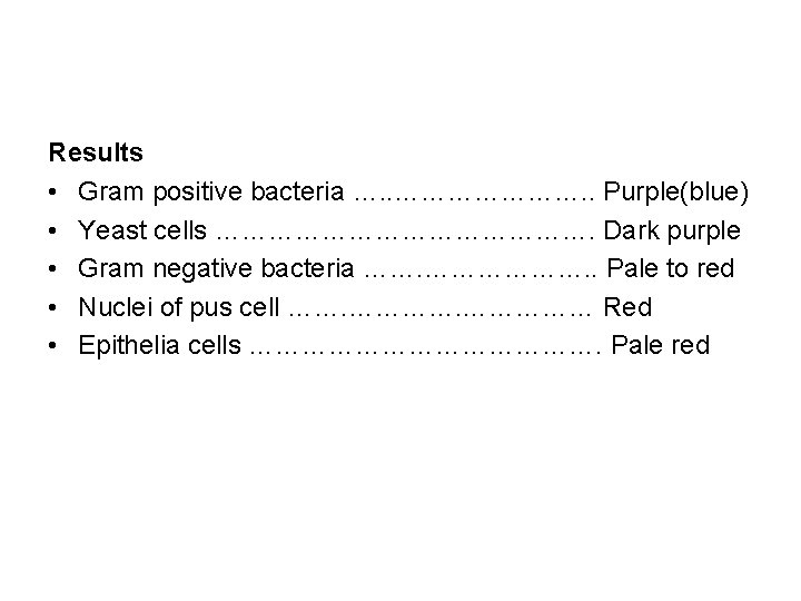 Results • Gram positive bacteria …. . …………………. . Purple(blue) • Yeast cells ………………….