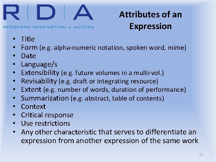 Attributes of an Expression • • • Title Form (e. g. alpha-numeric notation, spoken