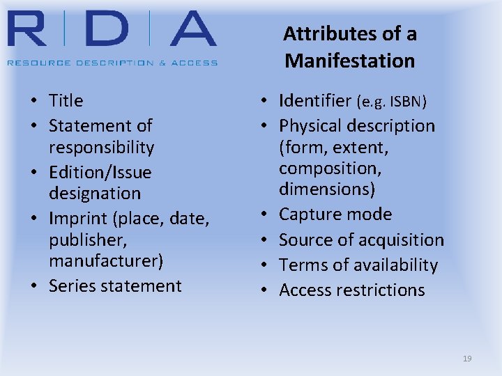 Attributes of a Manifestation • Title • Statement of responsibility • Edition/Issue designation •