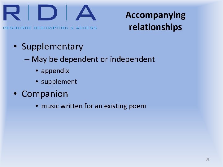 Accompanying relationships • Supplementary – May be dependent or independent • appendix • supplement
