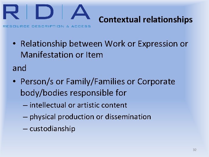 Contextual relationships • Relationship between Work or Expression or Manifestation or Item and •