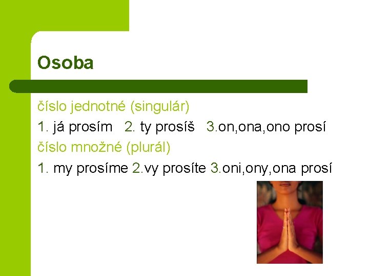Osoba číslo jednotné (singulár) 1. já prosím 2. ty prosíš 3. on, ona, ono