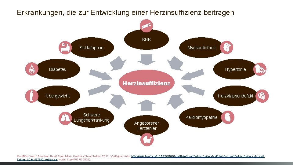 Erkrankungen, die zur Entwicklung einer Herzinsuffizienz beitragen KHK Schlafapnoe Myokardinfarkt Diabetes Hypertonie Herzinsuffizienz Übergewicht