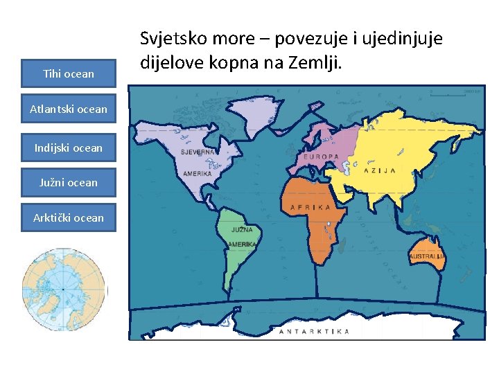 Tihi ocean Atlantski ocean Indijski ocean Južni ocean Arktički ocean Svjetsko more – povezuje