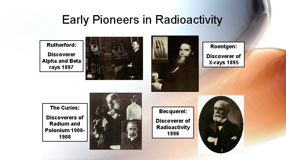 Early Pioneers in Radioactivity Rutherford: Roentgen: Discoverer Alpha and Beta rays 1897 Discoverer of