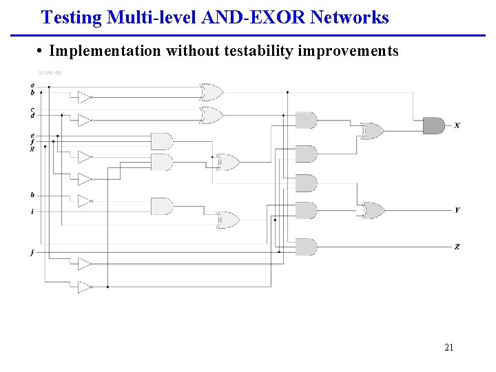 Testing Multi-level AND-EXOR Networks • Implementation without testability improvements 21 
