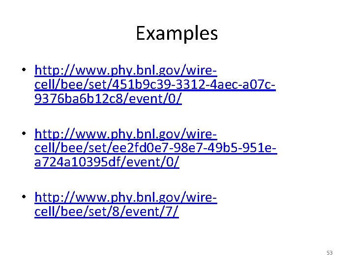Examples • http: //www. phy. bnl. gov/wirecell/bee/set/451 b 9 c 39 -3312 -4 aec-a