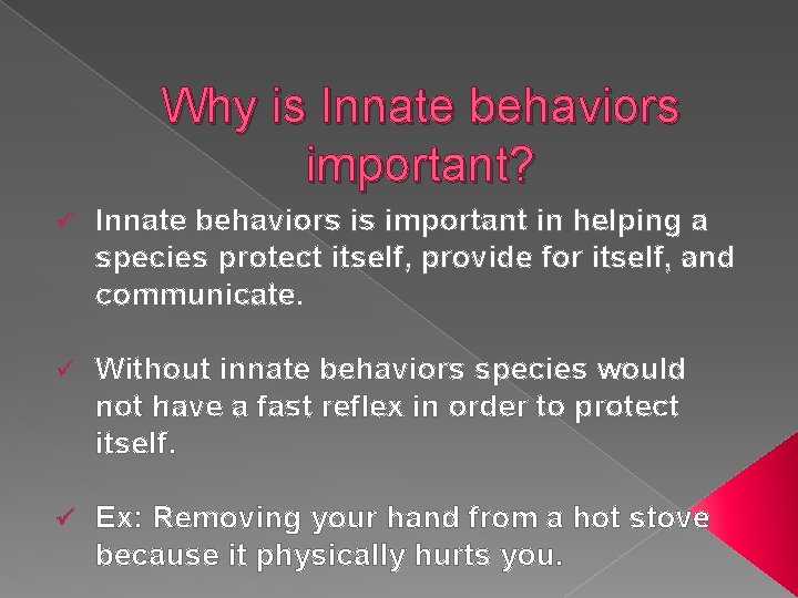 Why is Innate behaviors important? ü Innate behaviors is important in helping a species