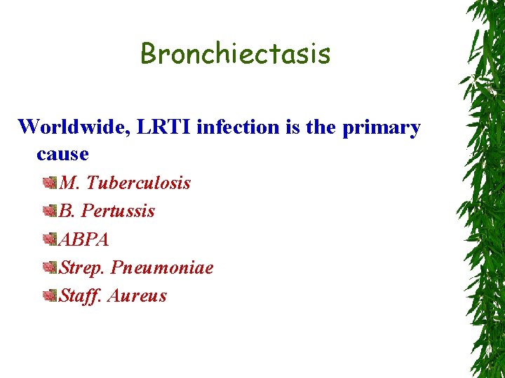 Bronchiectasis Worldwide, LRTI infection is the primary cause M. Tuberculosis B. Pertussis ABPA Strep.