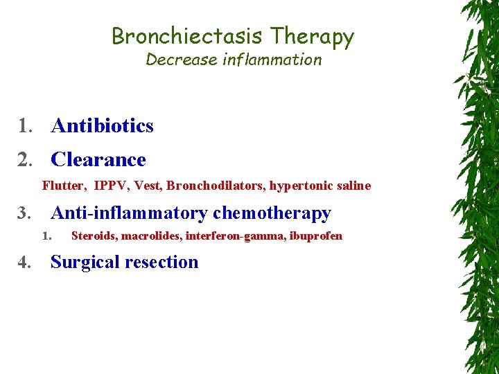 Bronchiectasis Therapy Decrease inflammation 1. Antibiotics 2. Clearance Flutter, IPPV, Vest, Bronchodilators, hypertonic saline