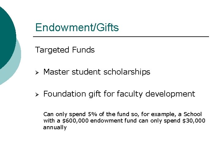 Endowment/Gifts Targeted Funds Ø Master student scholarships Ø Foundation gift for faculty development Can