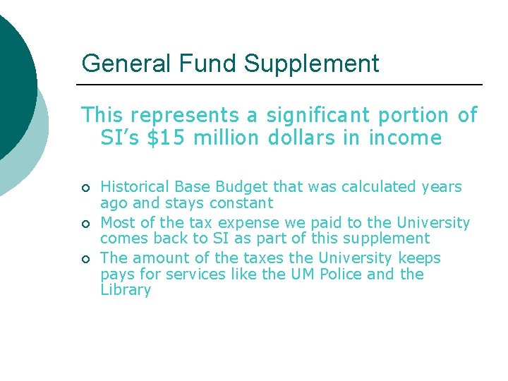 General Fund Supplement This represents a significant portion of SI’s $15 million dollars in