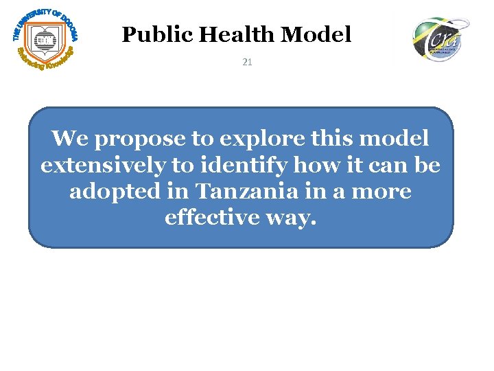 Public Health Model 21 We propose to explore this model extensively to identify how