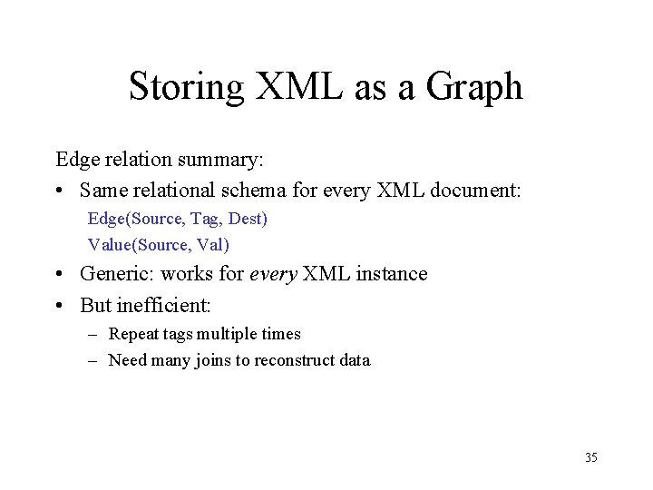 Storing XML as a Graph Edge relation summary: • Same relational schema for every