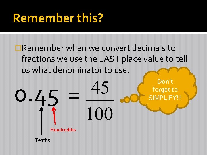 Remember this? �Remember when we convert decimals to fractions we use the LAST place