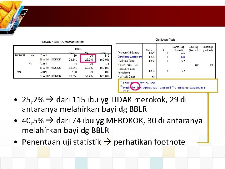  • 25, 2% dari 115 ibu yg TIDAK merokok, 29 di antaranya melahirkan