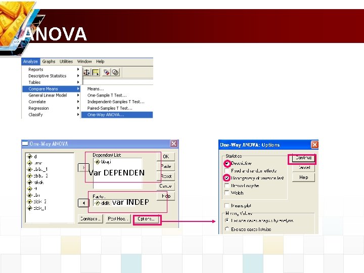 ANOVA Var DEPENDEN var INDEP 