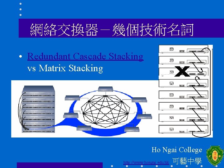 網絡交換器－幾個技術名詞 • Redundant Cascade Stacking vs Matrix Stacking Ho Ngai College http: //www. hongai.