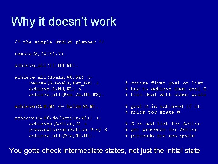 Why it doesn’t work /* the simple STRIPS planner */ remove(X, [X|Y], Y). achieve_all([],