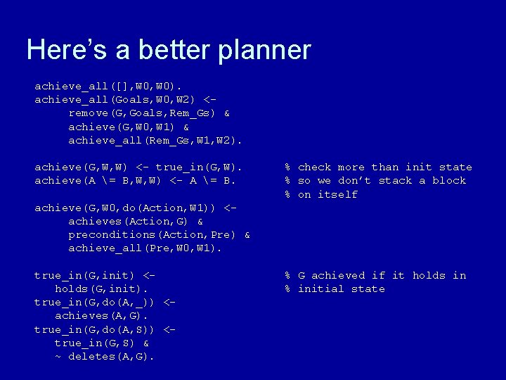 Here’s a better planner achieve_all([], W 0). achieve_all(Goals, W 0, W 2) <remove(G, Goals,