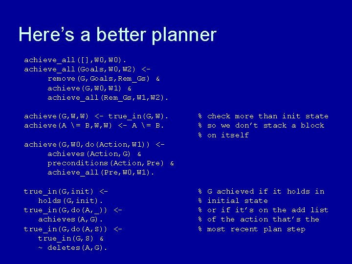 Here’s a better planner achieve_all([], W 0). achieve_all(Goals, W 0, W 2) <remove(G, Goals,