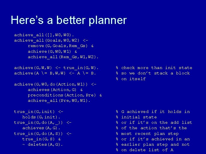 Here’s a better planner achieve_all([], W 0). achieve_all(Goals, W 0, W 2) <remove(G, Goals,