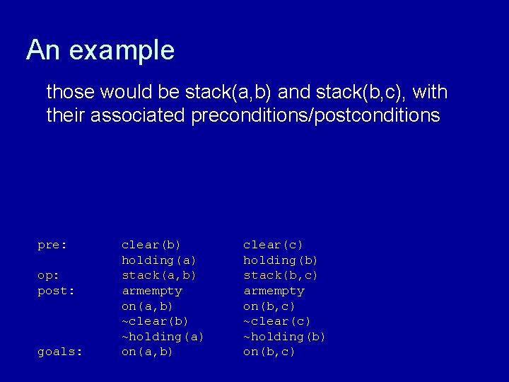 An example those would be stack(a, b) and stack(b, c), with their associated preconditions/postconditions