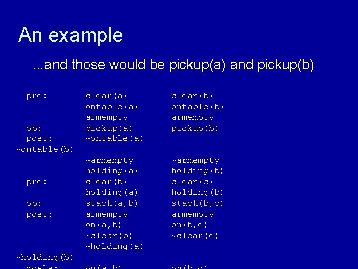 An example. . . and those would be pickup(a) and pickup(b) pre: op: post: