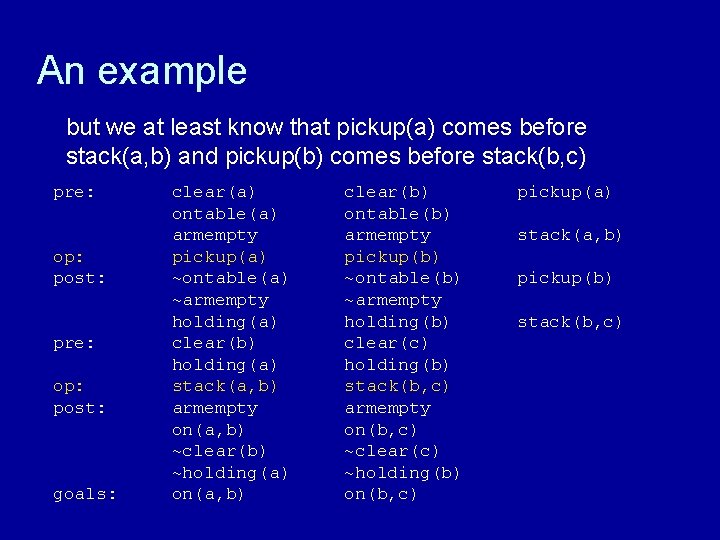 An example but we at least know that pickup(a) comes before stack(a, b) and