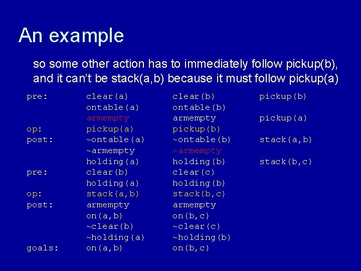 An example so some other action has to immediately follow pickup(b), and it can’t