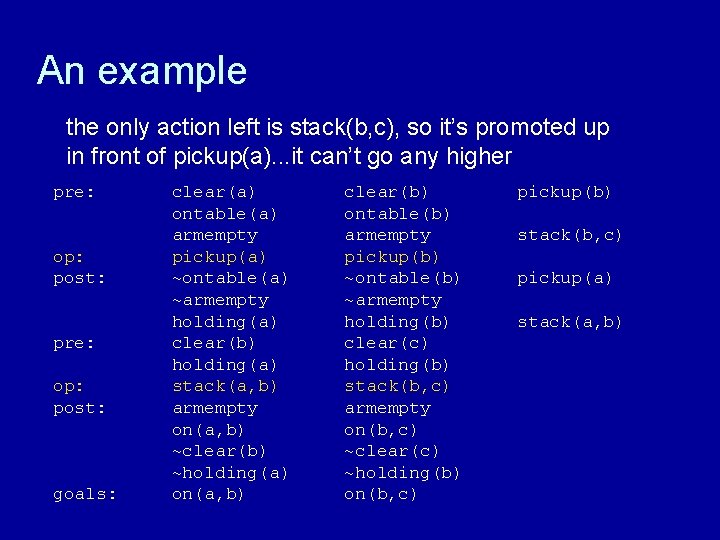 An example the only action left is stack(b, c), so it’s promoted up in