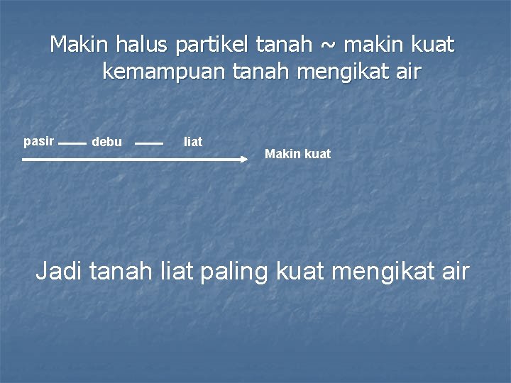 Makin halus partikel tanah ~ makin kuat kemampuan tanah mengikat air pasir debu liat